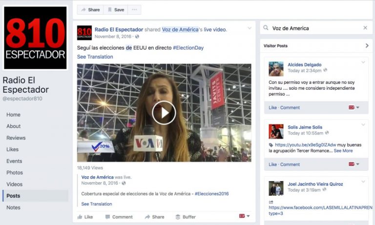 Facebook profile of 810 El Espectador showing a VOA Facebook Live video.