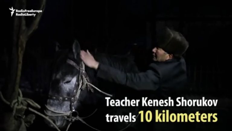 A man tending his horse, with text saying "Teacher Kenesh Shorukov travels 10 kilometers."