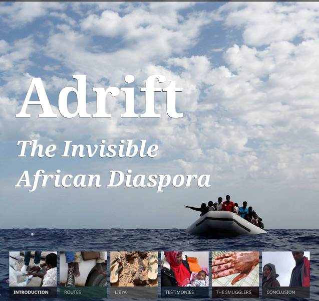 Several African people on a small dinghy at sea. Adrift, the invisible African diaspora.