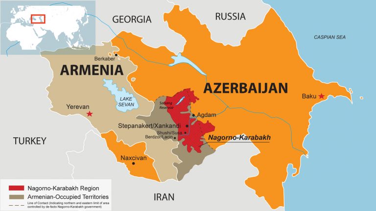 Azerbaijan to the right, Armenia to the left and Nagorno-Karabakh, painted red, in the middle